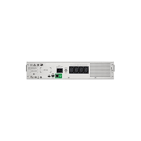 Vue arrière d'un système onduleur avec connexions, étiquettes et marquage CE.
