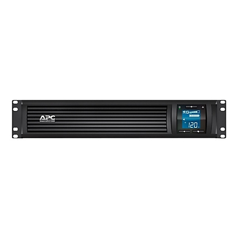 Schwarze USV von APC mit Digitalanzeige, die 120 Volt anzeigt.