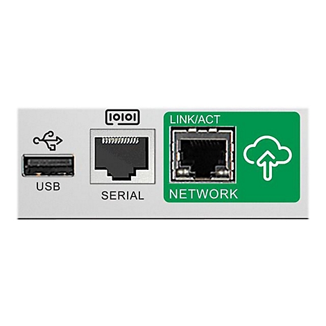 Nahaufnahme der Rückseite eines Geräts mit USB-, Netzwerk- und seriellem Anschluss.