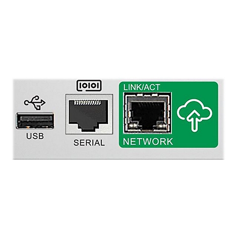 Detailansicht einer Gerätefront: USB-, serieller und Netzwerkanschluss.