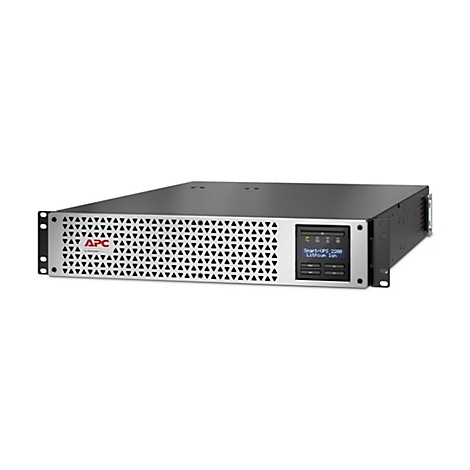 Ein schwarzer APC Smart-UPS 2200 Lithium-Ionen-USV-Server. Das Gerät ist silberfarben mit einem schwarzen Display und einer Anzeige.