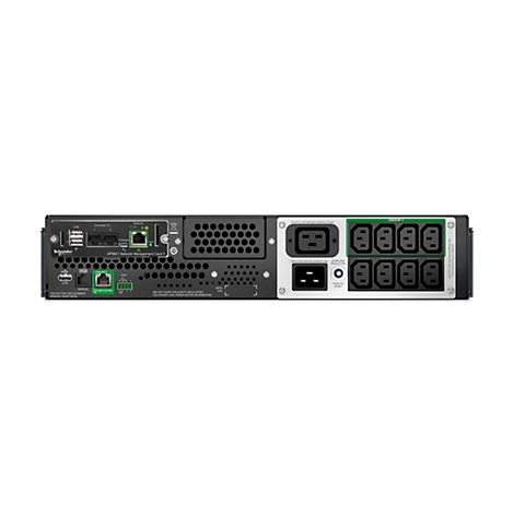 Rückansicht einer schwarzen USV-Anlage mit verschiedenen Anschlüssen, darunter USB, Ethernet und Stromanschlüsse. Beschriftungen sind deutlich sichtbar.