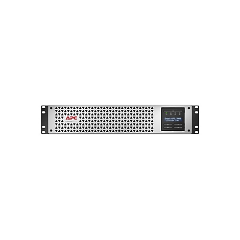 Ein schwarzes APC Smart-UPS 3000 Lithium-Ionen-USV-Gerät. Das Gerät hat eine graue Metallfront mit einem schwarzen Bedienfeld und einem LCD-Bildschirm.