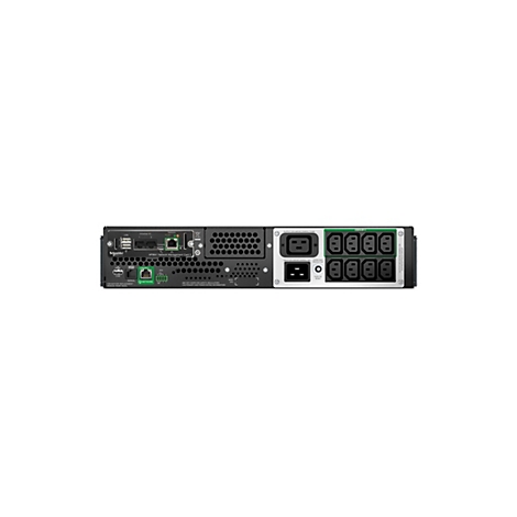 Rückansicht eines schwarzen APC Smart-UPS, mit Anschlüssen, Steckdosen und der Aufschrift 'Schneider Electric'.