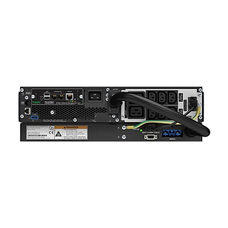 Schwarzes Gerät mit Anschlüssen und Kabeln, einschließlich USB, Ethernet und Stromanschlüssen. Beschriftungen zeigen "Smart Slot" und "48VDC".