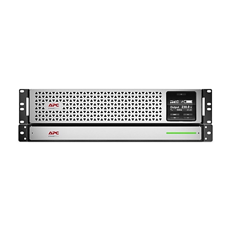 APC USV-Gerät, silberfarben, mit Anzeige, zeigt Spannung von 230,0 V an. Der grüne Balken und das APC-Logo sind deutlich sichtbar.