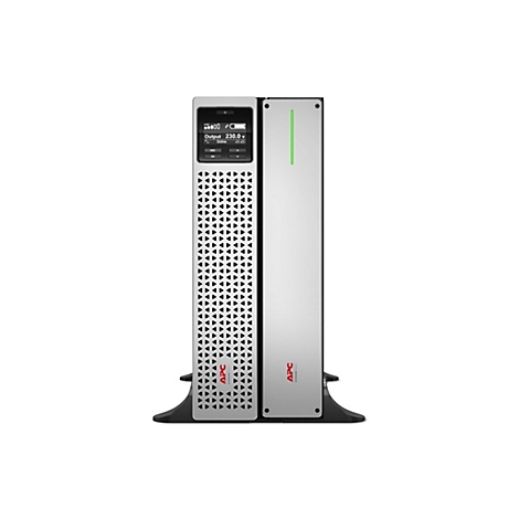 Ein silberner USV-Turm mit LCD-Anzeige und APC-Logo. Vertikal, isoliert auf weiÃŸem Hintergrund.