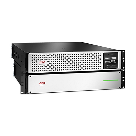 Ein Stromversorgungssystem von APC. Schwarzes Oberteil, silberne Front, APC-Logo. LCD-Display mit Messwerten.