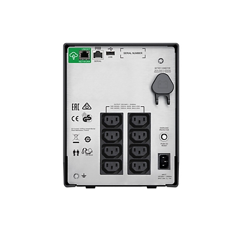 Rückseite eines schwarzen und silbernen USV-Geräts mit Steckdosen, Anschlüssen und Bedienfeldern. Beschriftungen umfassen Netzwerk, seriell, USB, und "Push to reset".