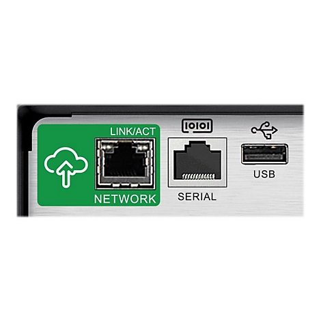 Nahaufnahme der Rückseite eines Geräts mit Anschlüssen: Netzwerk, seriell, USB.