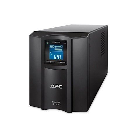 Schwarze USV von APC mit digitaler Anzeige: 120 V. Modell: Smart-UPS C 1000.