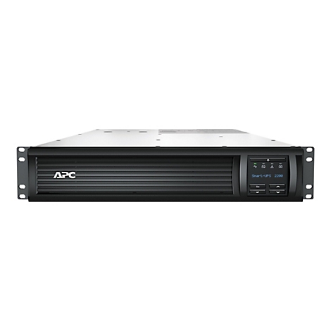 Un onduleur APC noir positionnÃ© sur un fond blanc. Il comporte un Ã©cran et des boutons.