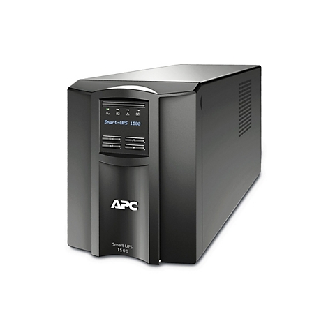 Ein schwarzes APC Smart-UPS 1500 USV-Gerät vor weißem Hintergrund. Auf der Frontseite befinden sich ein Bildschirm mit Informationen und das APC-Logo.