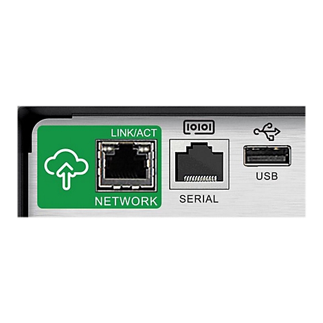 Nahaufnahme der Rückseite eines Geräts mit Netzwerk-, USB- und seriellen Anschlüssen.