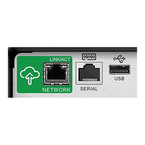 Nahaufnahme der RÃ¼ckseite eines elektronischen GerÃ¤ts mit Netzwerk-, seriellen und USB-AnschlÃ¼ssen.