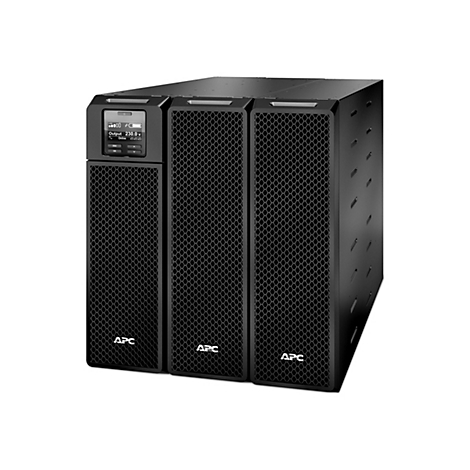 Schwarze USV-Anlage von APC. Die Anlage hat drei Säulen, eine Anzeige mit den Werten und das APC Logo. Die Oberfläche ist strukturiert.