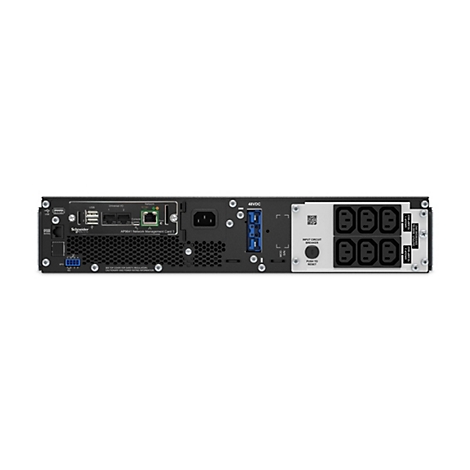 Eine Rückansicht eines schwarzen APC-Netzwerk-Management-Card 3 mit Anschlüssen, Steckdosen und Beschriftungen.