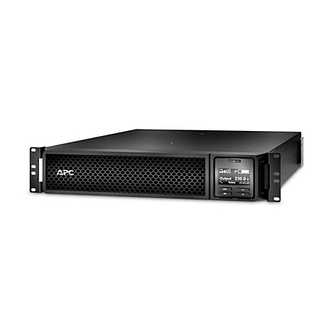 Schwarzes USV-Gerät mit Display und APC-Logo. Das Display zeigt Details wie "Output 230.0 V" und "Online".