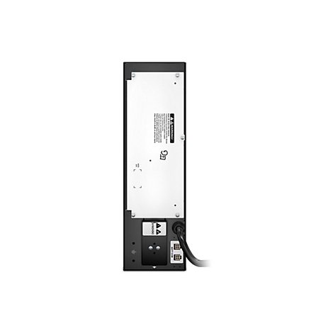 Rückansicht einer unterbrechungsfreien Stromversorgung (USV) mit Warnhinweisen und Anschlüssen. Auf der Rückseite befinden sich Warnhinweise wegen elektrischer Gefahren und Anschlüsse für Batterie und Strom.