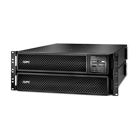 Ein schwarzes USV-Gerät von APC. Es hat einen Bildschirm mit Messwerten und Bedienfeldern.
