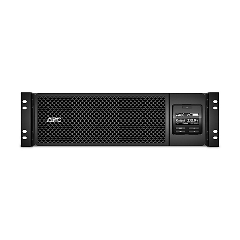 Schwarzes USV-Gerät von APC, Frontansicht, mit Display und Gitter. Das Display zeigt Werte für Spannung und Status an.
