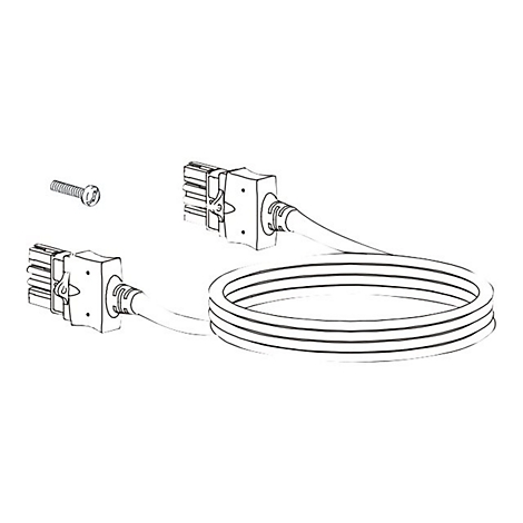 Schwarz-Weiß-Skizze eines Steckerkabels mit zwei Enden, einem Schraubbolzen und einer kreisförmigen Kabelanordnung.