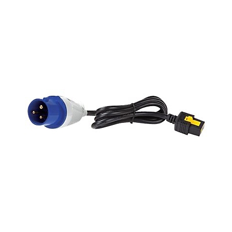 Blau-weißer Stecker mit schwarzem Kabel und gelbem Stecker. Vor weißem Hintergrund.