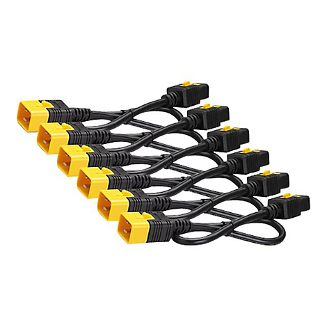 Mehrere schwarze Netzkabel mit gelben Steckern liegen auf weißem Hintergrund.