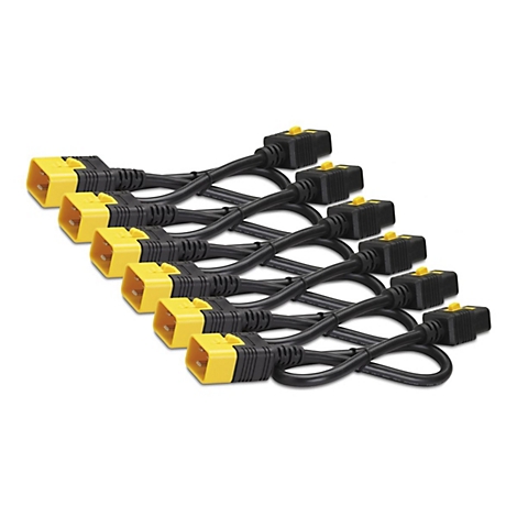 Mehrere schwarze Kabel mit gelben Steckern auf weißem Hintergrund.