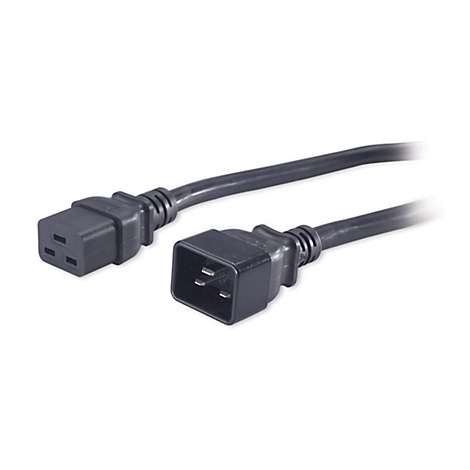 Schwarzes Stromkabel mit IEC-C14-Stecker an beiden Enden, isoliert auf weißem Hintergrund.