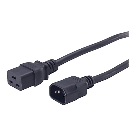 Ein schwarzes Netzkabel mit zwei Steckern. Der Stecker links hat drei Löcher, der rechte Stecker hat zwei Stifte.