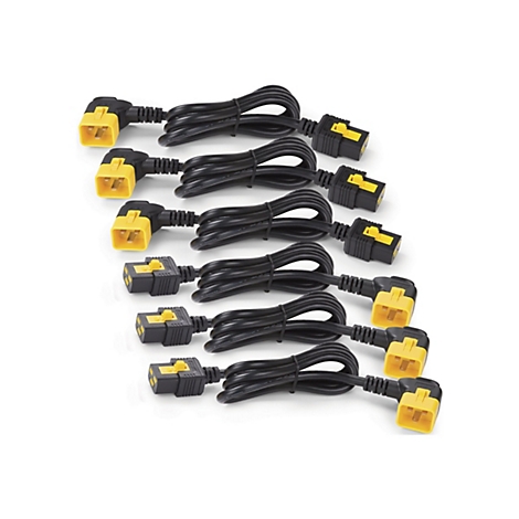 Mehrere schwarze Netzkabel mit gelben Steckern liegen auf weißem Hintergrund.