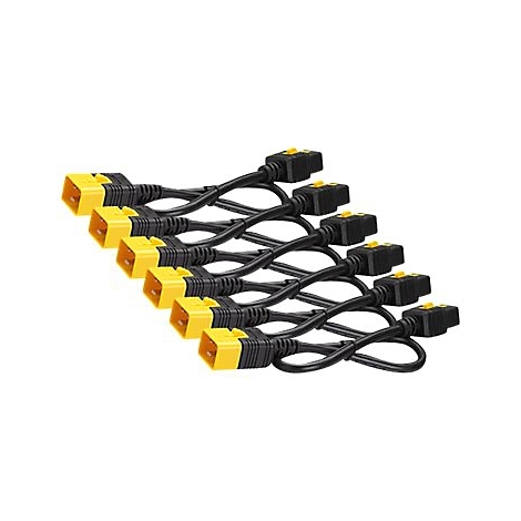 Mehrere schwarze Kabel mit gelben Steckern und Knöpfen, vor weißem Hintergrund.