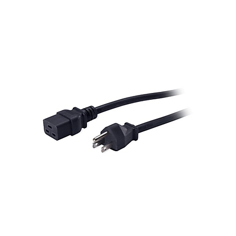 Ein schwarzes Netzkabel mit Stecker und Buchse, freigestellt auf weißem Hintergrund.
