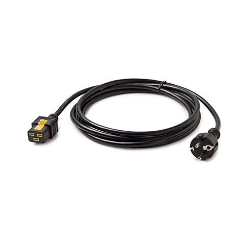 Ein schwarzes Stromkabel mit zwei Steckern. Der eine Stecker ist ein C13-Stecker, der andere ist ein Eurostecker.