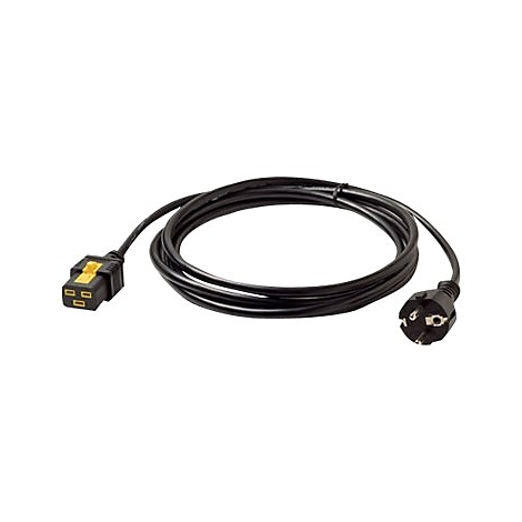 Schwarzes Netzkabel mit Stecker und Buchse auf weißem Hintergrund.