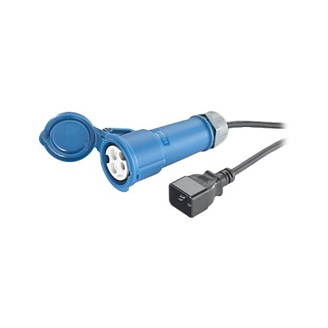Blauer Stecker mit Kabel und offenem Deckel. Das Produkt ist auf weißem Hintergrund abgebildet.