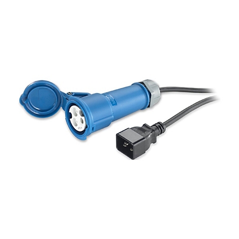 Blauer CEE-Stecker mit Deckel und Stromkabel.