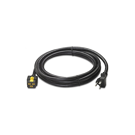 Ein schwarzes Netzkabel, auf weißem Hintergrund, mit einem gelben und schwarzen Stecker und einem dreipoligen Stecker.