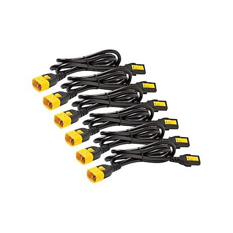 Mehrere schwarze Netzkabel mit gelben Steckern und Buchsen auf weißem Hintergrund.