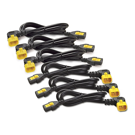 Mehrere schwarze Netzkabel mit gelben Steckern liegen diagonal auf weißem Hintergrund.