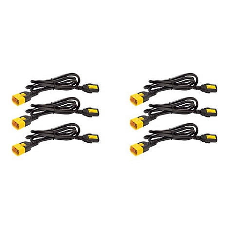 Mehrere schwarze Netzkabel mit gelben Steckern auf weißem Hintergrund.