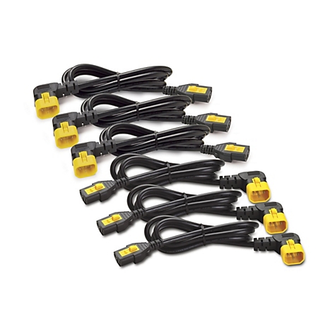 Mehrere schwarze Netzkabel mit gelben Steckern liegen auf weißem Hintergrund. Die Stecker sind abgewinkelt und tragen das Logo "APC".