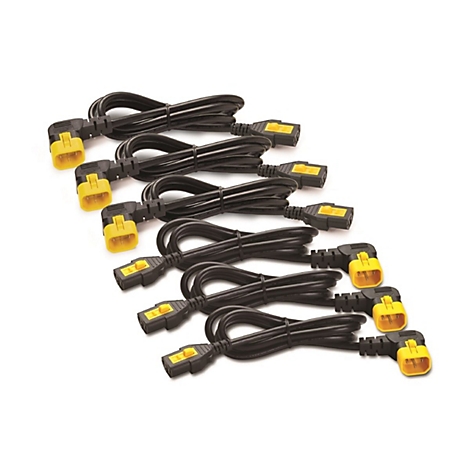 Mehrere schwarze Netzkabel mit gelben Steckern liegen auf weißem Hintergrund.