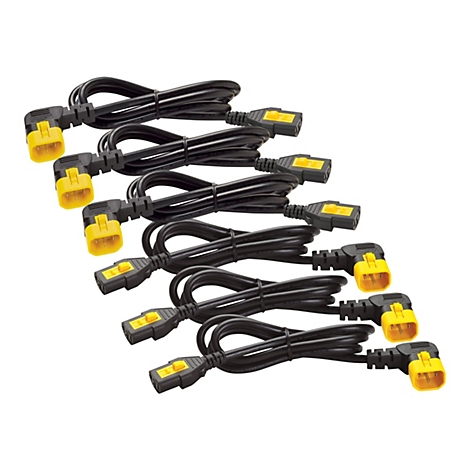 Mehrere schwarze Netzkabel mit gelben Steckern liegen auf weißem Hintergrund. Die Stecker sind abgewinkelt und tragen die Aufschrift "APC".