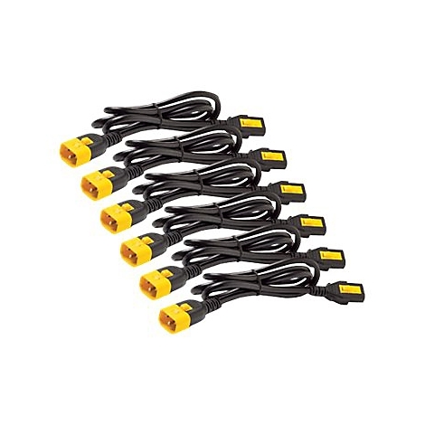 Mehrere schwarze Netzkabel mit gelben Steckern liegen auf weißem Hintergrund.