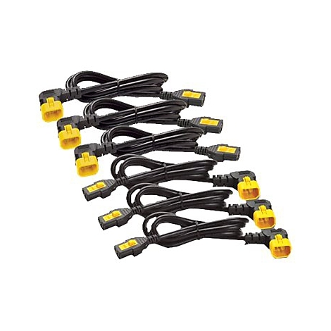 Mehrere schwarze Stromkabel mit abgewinkelten gelben Steckergehäusen vor weißem Hintergrund.