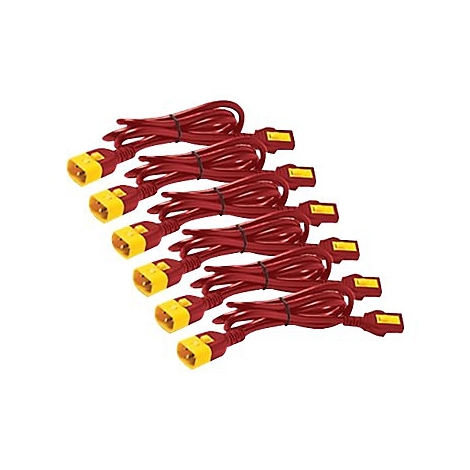 Mehrere rote Netzkabel mit gelben Steckern und schwarzen Kabelbindern.