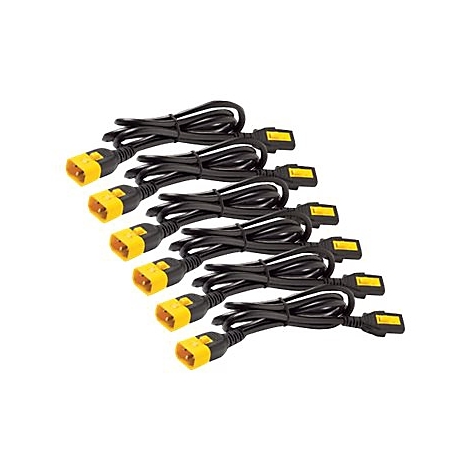 Mehrere schwarze Netzkabel mit gelben Steckern und Buchsen auf weißem Hintergrund.