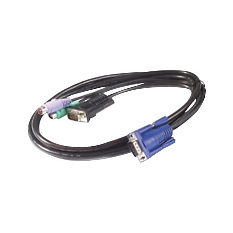 Schwarzes Monitorkabel mit einem blauen VGA-Stecker und mehreren kleinen Audio- und Videoanschlüssen.